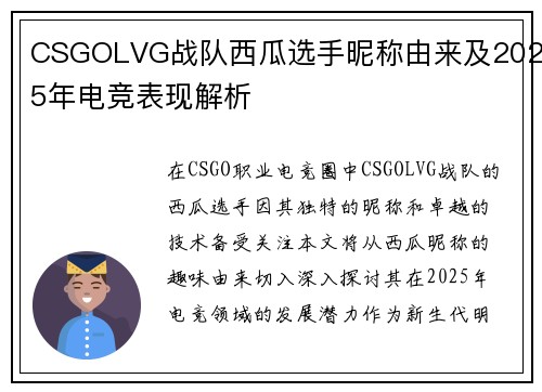 CSGOLVG战队西瓜选手昵称由来及2025年电竞表现解析