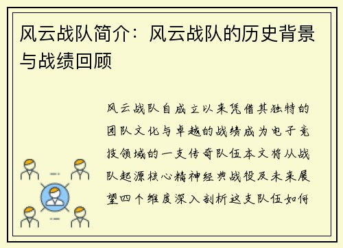 风云战队简介：风云战队的历史背景与战绩回顾