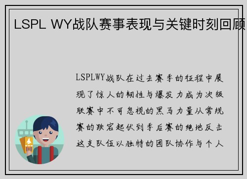 LSPL WY战队赛事表现与关键时刻回顾